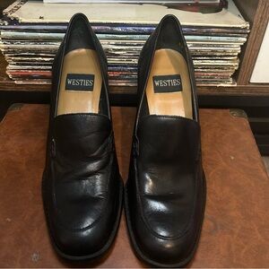 Vintage Westies Black Leather Loafer Heels Size 7M Made in Brazil